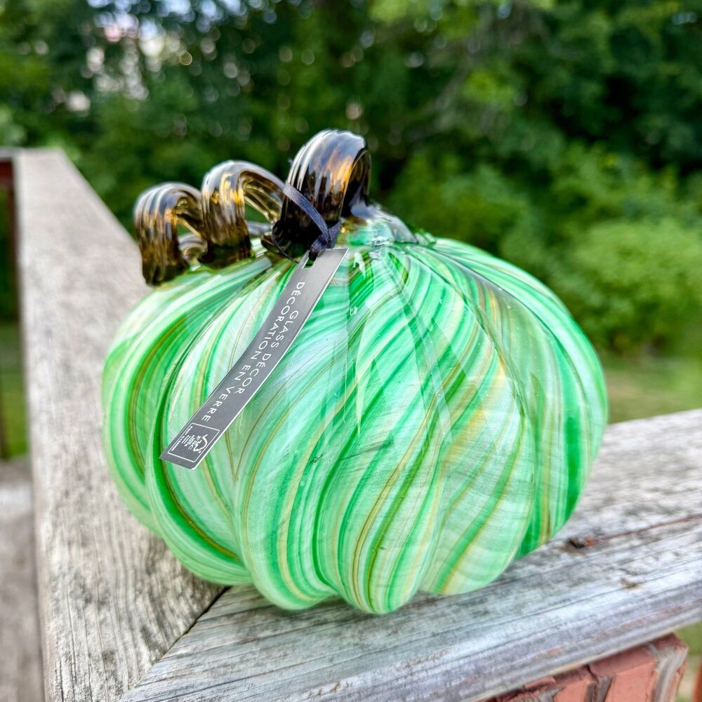 NEW Glass Pumpkin 6” Tall Semi-Transparent Green Brown Swirled Pumpkin